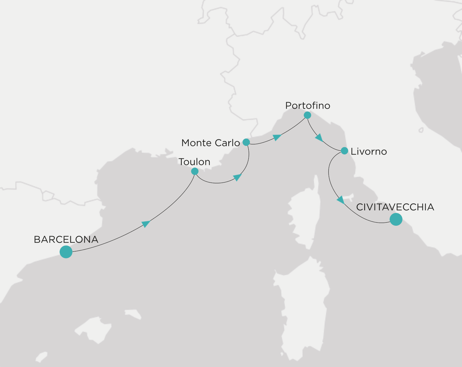 Carte de l’itinéraire Crystal Grace, Barcelone → Civitavecchia (Rome)