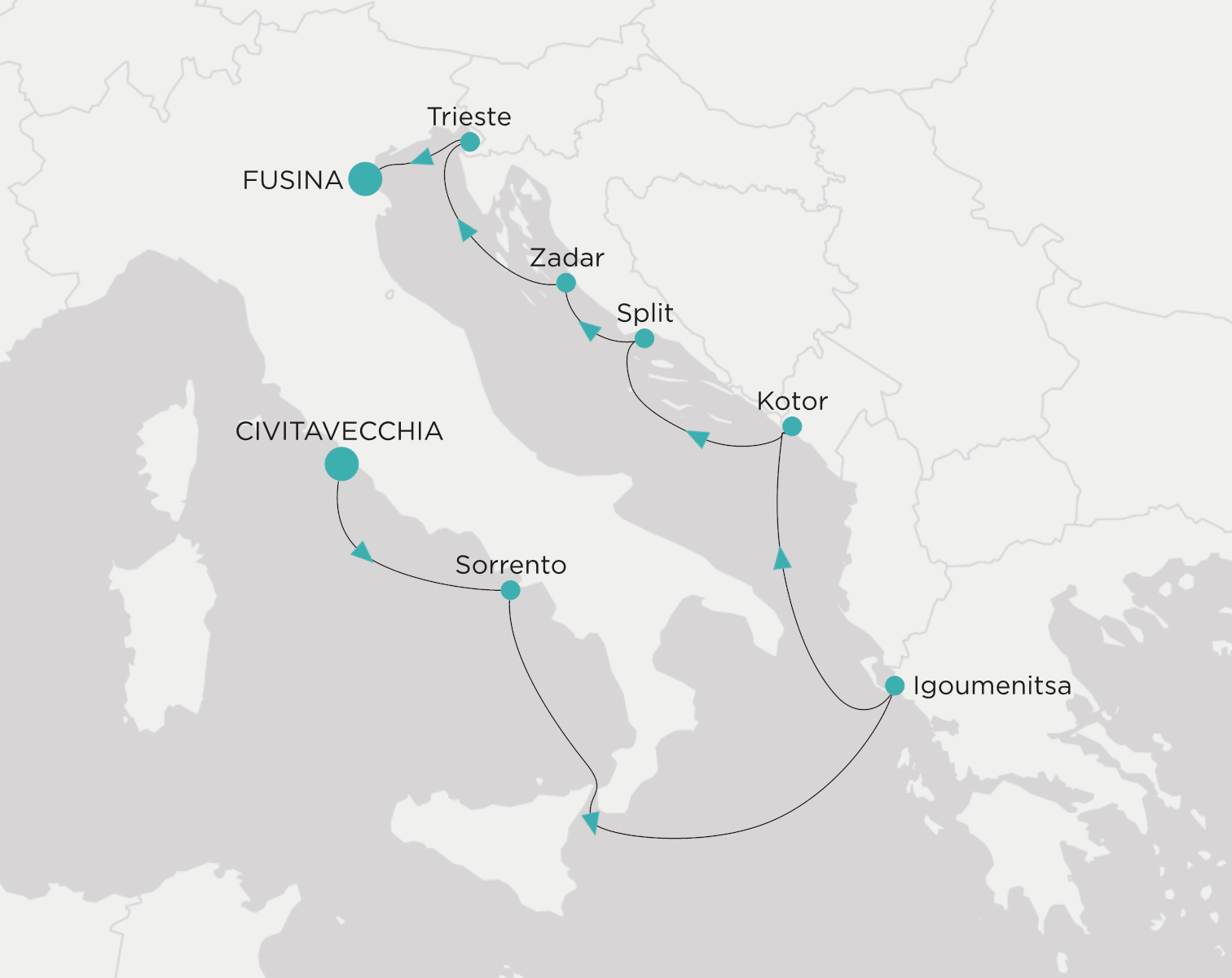 Carte de l’itinéraire Crystal Grace, Civitavecchia (Rome) → Fusina (Venise)
