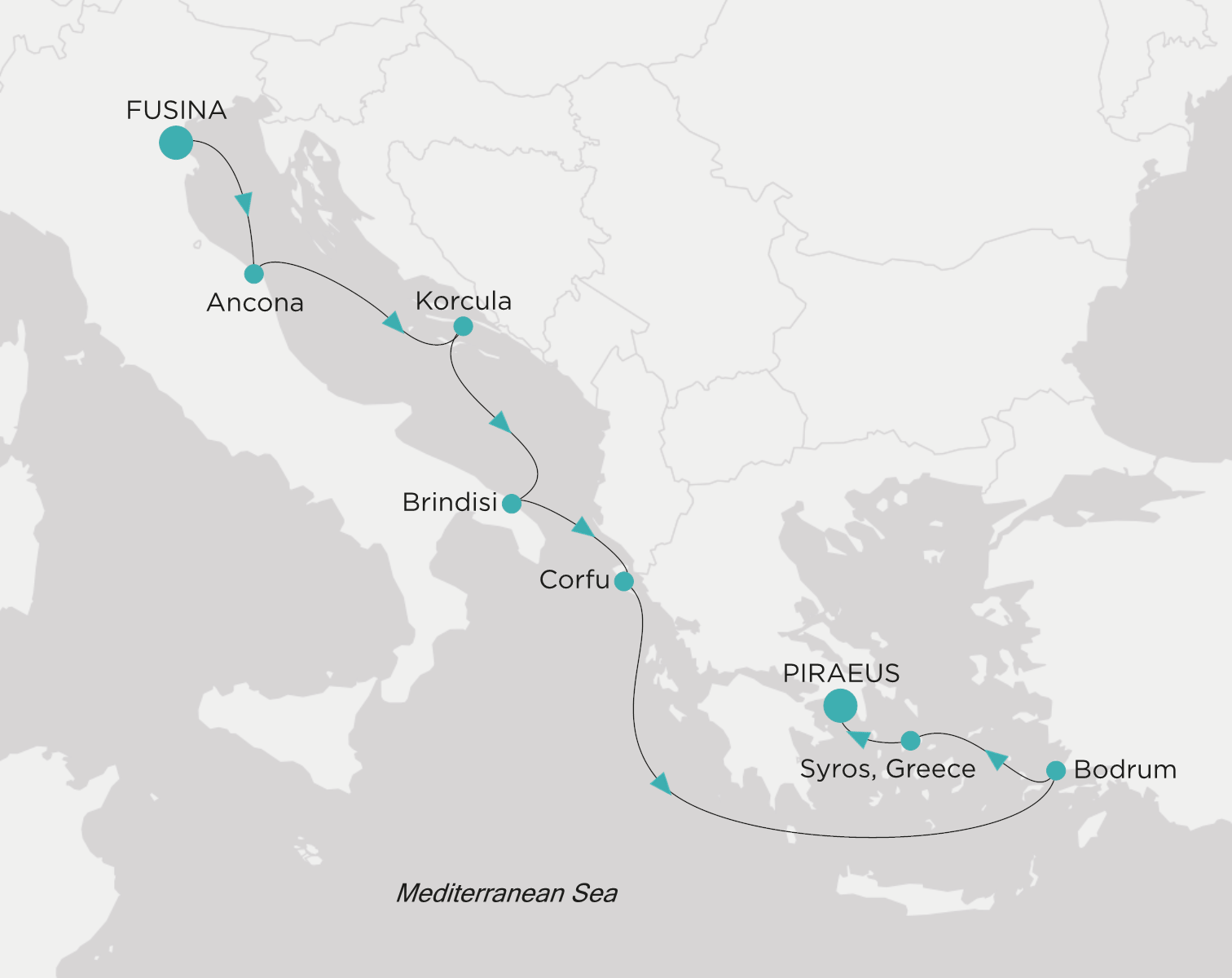 Carte de l’itinéraire Crystal Grace, Fusina (Venise) → Le Pirée (Athènes)