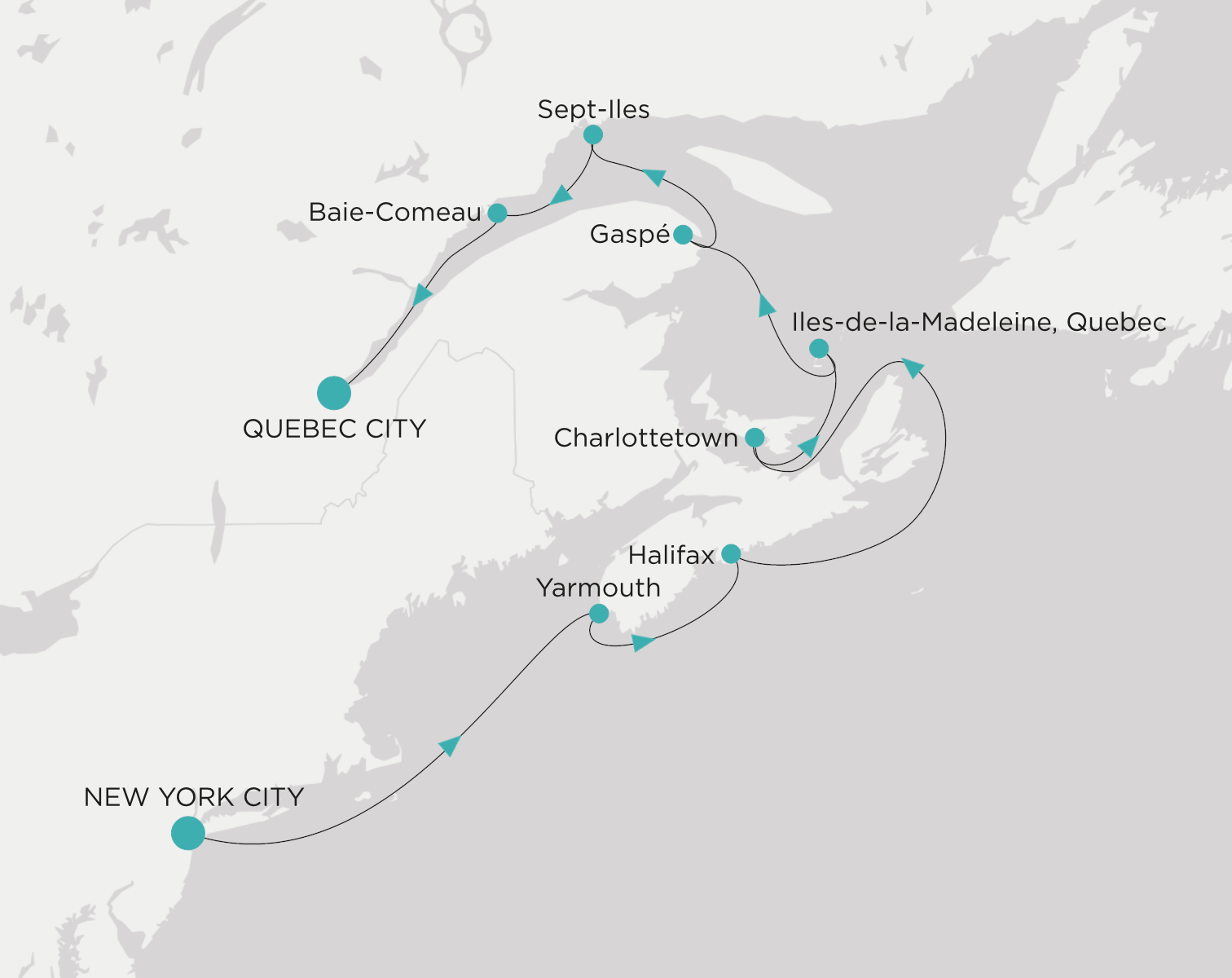 Carte de l’itinéraire Crystal Grace, New York → Québec