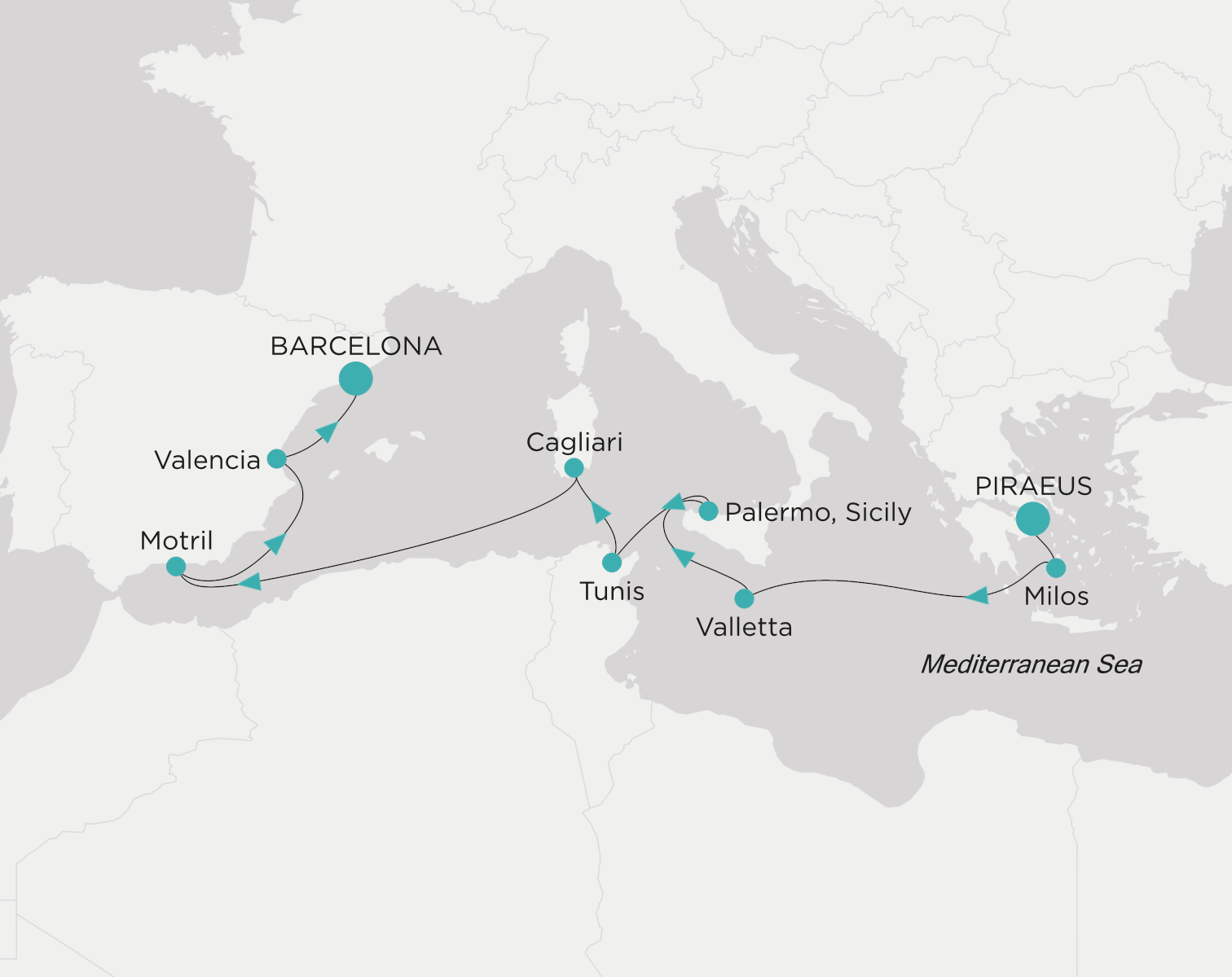 Carte de l’itinéraire Crystal Grace, Le Pirée (Athènes) → Barcelone