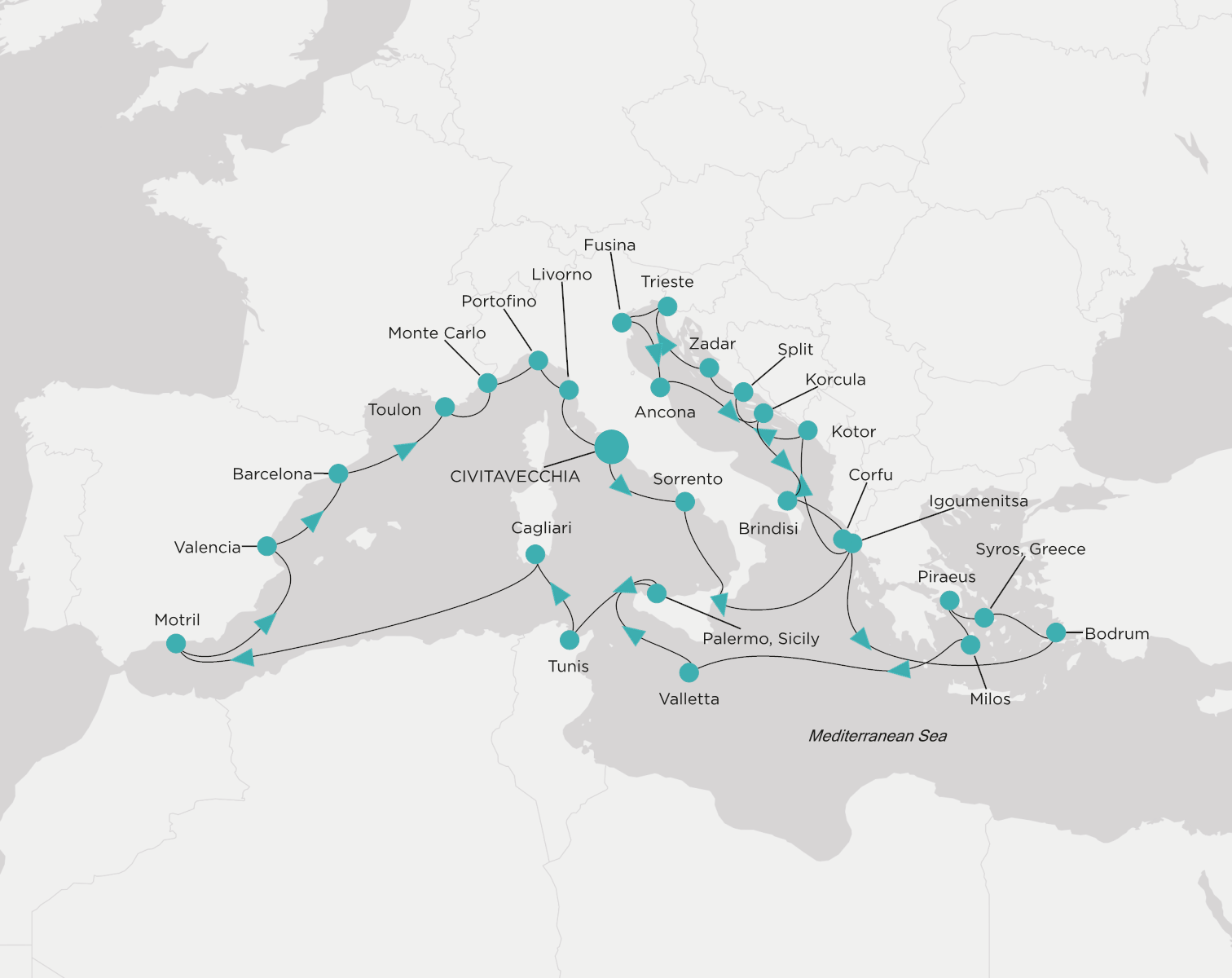 Carte de l’itinéraire Crystal Grace, Civitavecchia (Rome) → Civitavecchia (Rome)