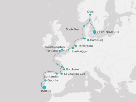 Carte de l’itinéraire Crystal Serenity, Lisbonne → Copenhague