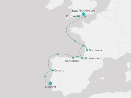 Carte de l’itinéraire Crystal Serenity, Lisbonne → Southampton