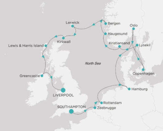 Carte de l’itinéraire Crystal Serenity, Southampton → Liverpool
