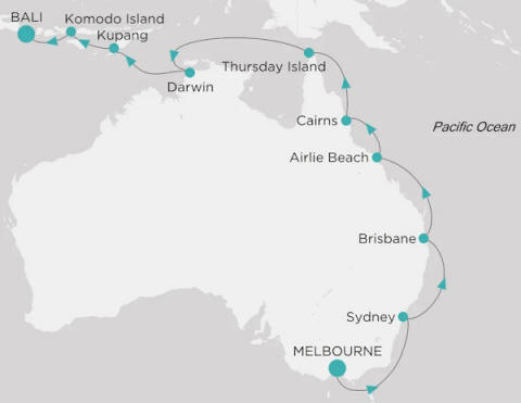 Carte de l’itinéraire Crystal Serenity, Melbourne → Bali