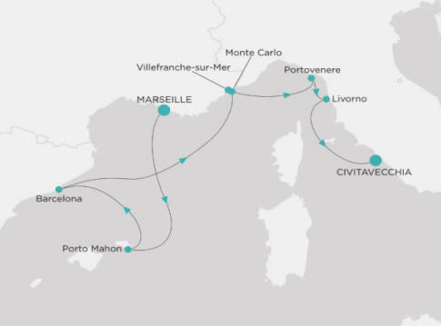 Carte de l’itinéraire Crystal Serenity, Marseille → Civitavecchia