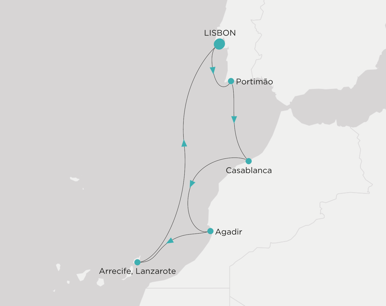 Carte de l’itinéraire Crystal Serenity, Lisbonne → Lisbonne