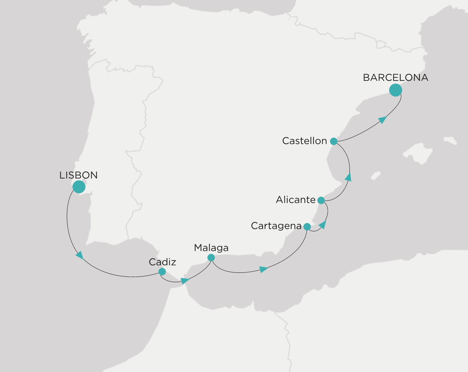 Carte de l’itinéraire Crystal Serenity, Lisbonne → Barcelone