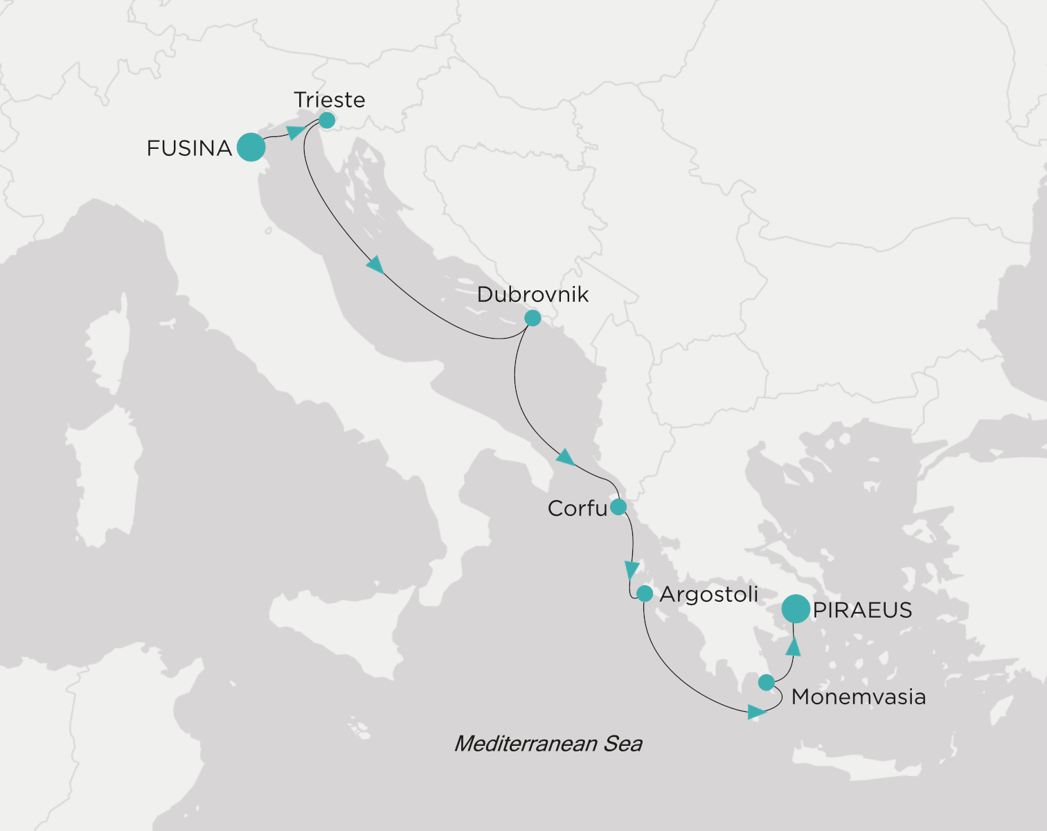 Carte de l’itinéraire Crystal Serenity, Fusina (Venise) → Le Pirée (Athènes)