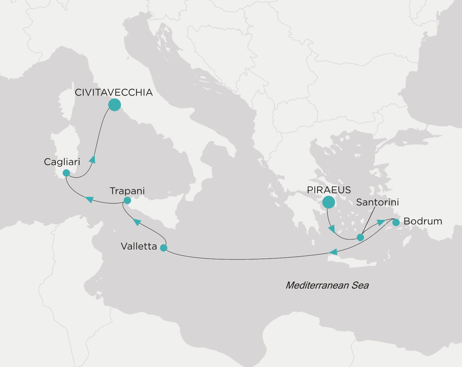 Carte de l’itinéraire Crystal Serenity, Le Pirée (Athènes) → Civitavecchia (Rome)