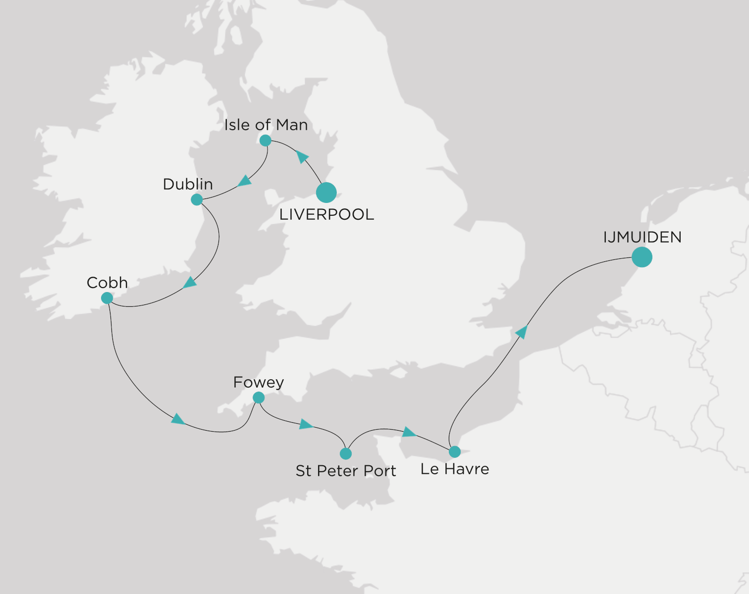 Carte de l’itinéraire Crystal Serenity, Liverpool → Ijmuiden (Amsterdam)