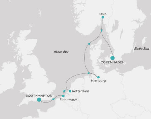 Carte de l’itinéraire Crystal Serenity, Southampton → Copenhague