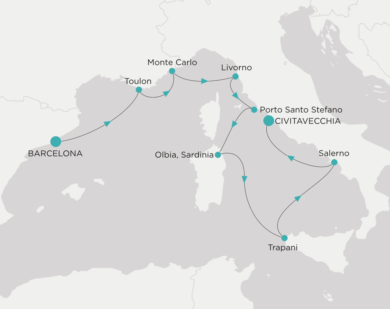 Carte de l’itinéraire Crystal Serenity, Barcelone → Civitavecchia (Rome)