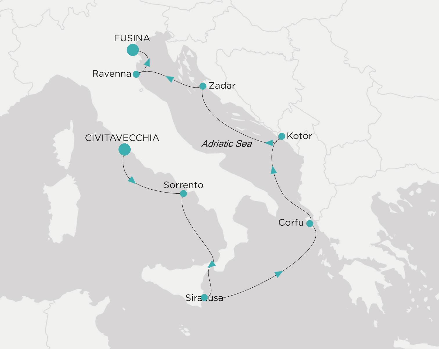 Carte de l’itinéraire Crystal Serenity, Civitavecchia (Rome) → Fusina (Venise)