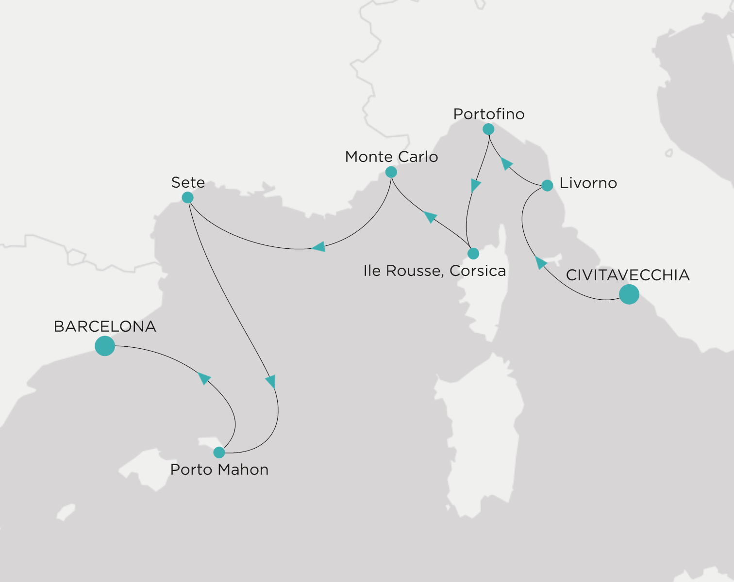 Carte de l’itinéraire Crystal Serenity, Civitavecchia (Rome) → Barcelone