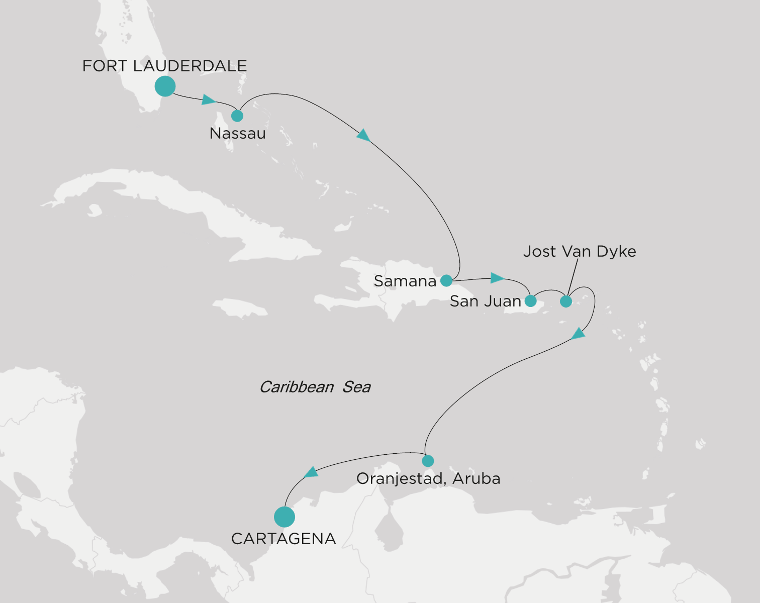 Carte de l’itinéraire Crystal Serenity, Fort Lauderdale → Cartagena