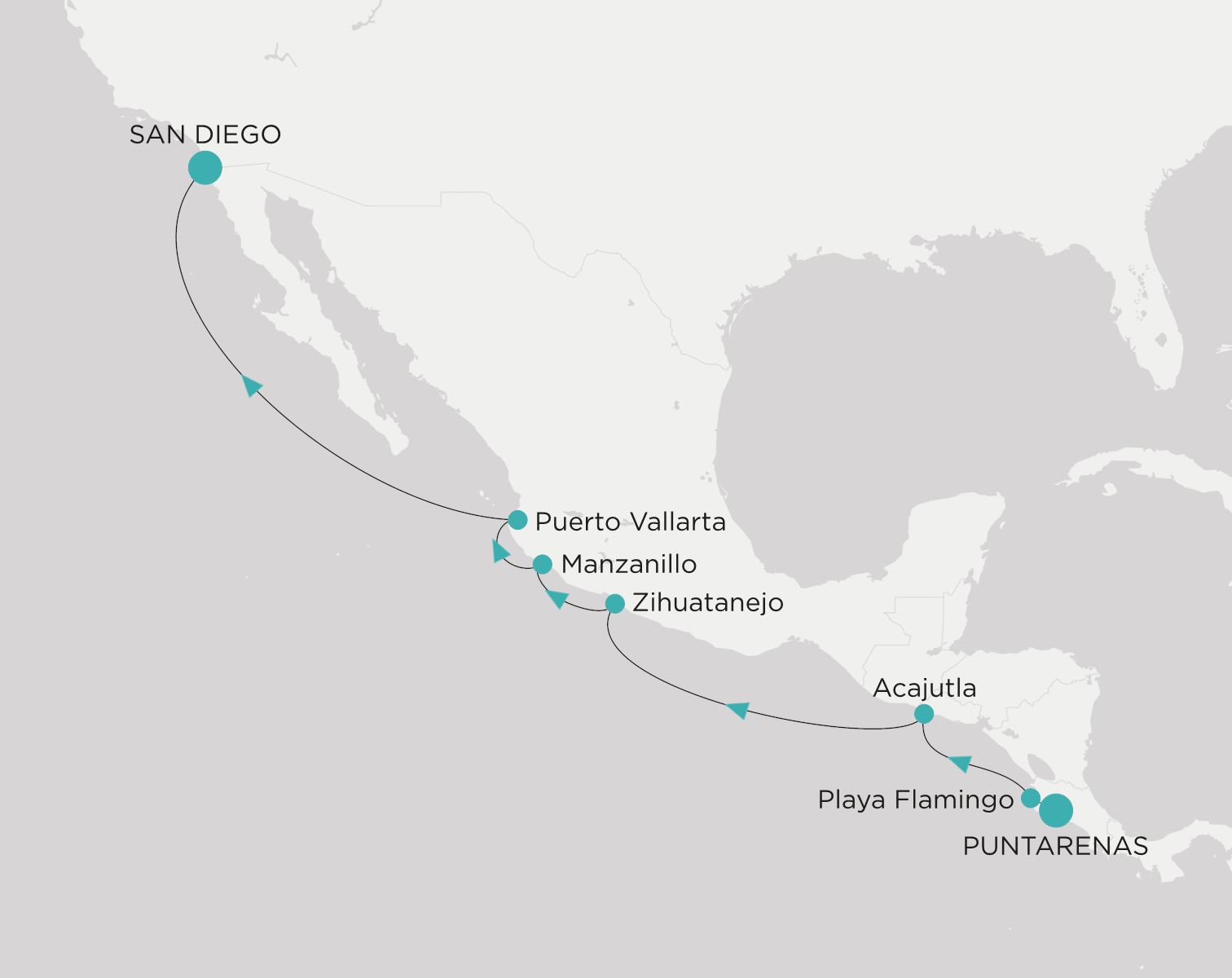 Carte de l’itinéraire Crystal Serenity, Puntarenas → San Diego