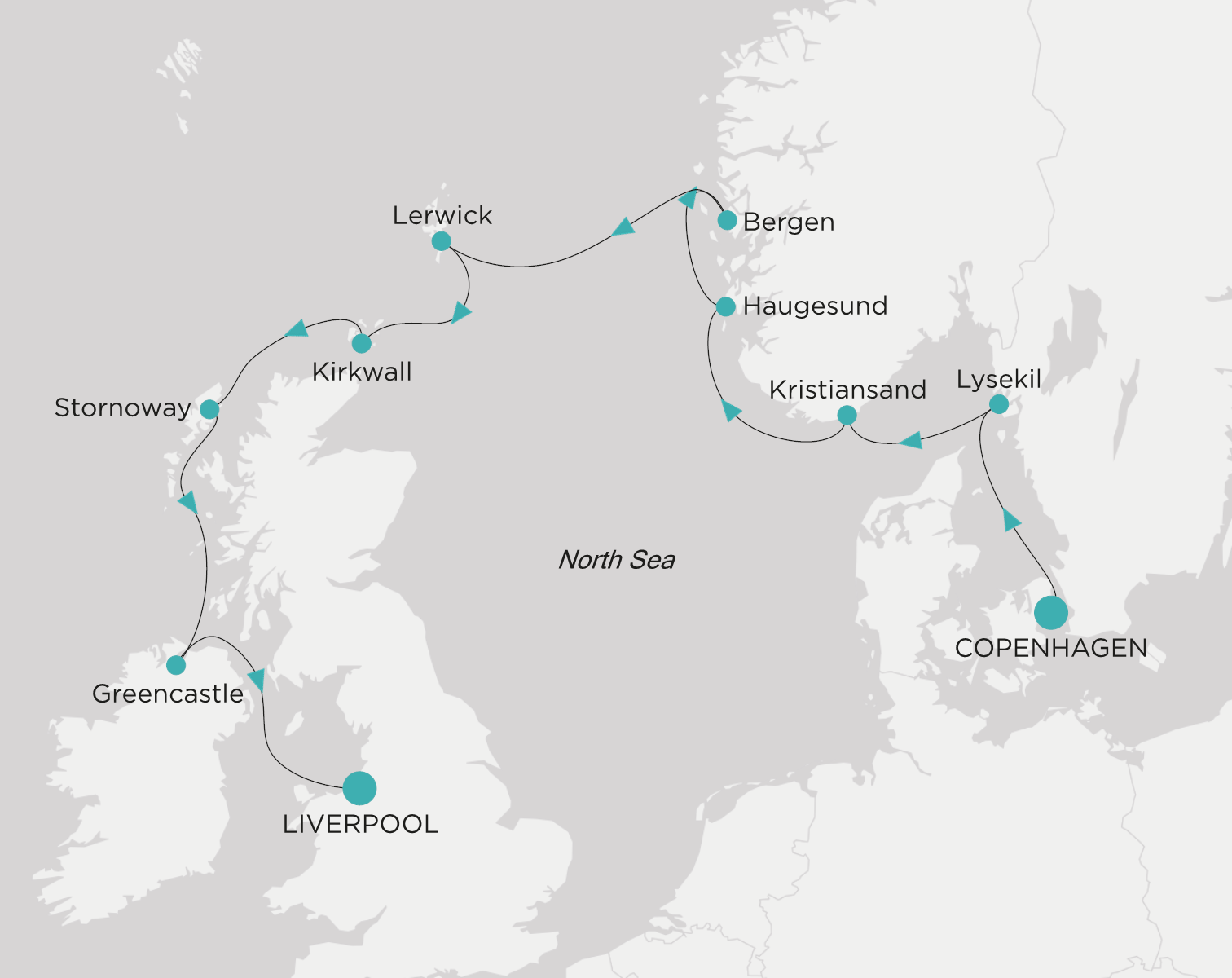 Carte de l’itinéraire Crystal Serenity, Copenhague → Liverpool