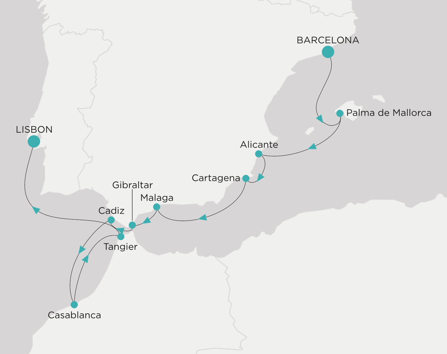 Carte de l’itinéraire Crystal Serenity, Barcelone → Lisbonne