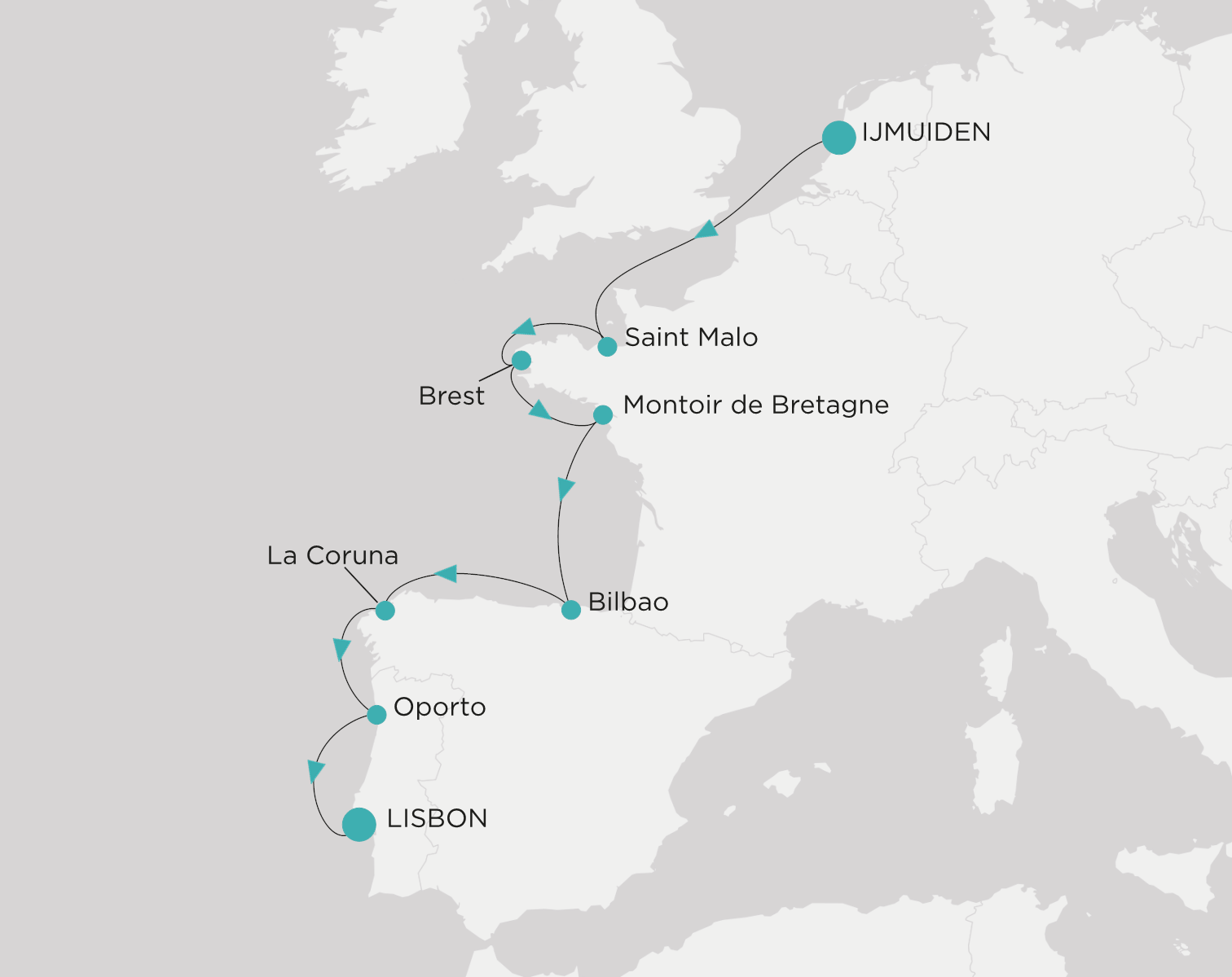 Carte de l’itinéraire Crystal Serenity, Ijmuiden (Amsterdam) → Lisbonne