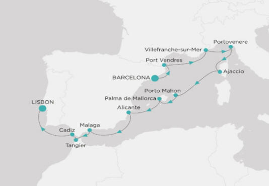 Carte de l’itinéraire Crystal Serenity, Barcelone → Lisbonne