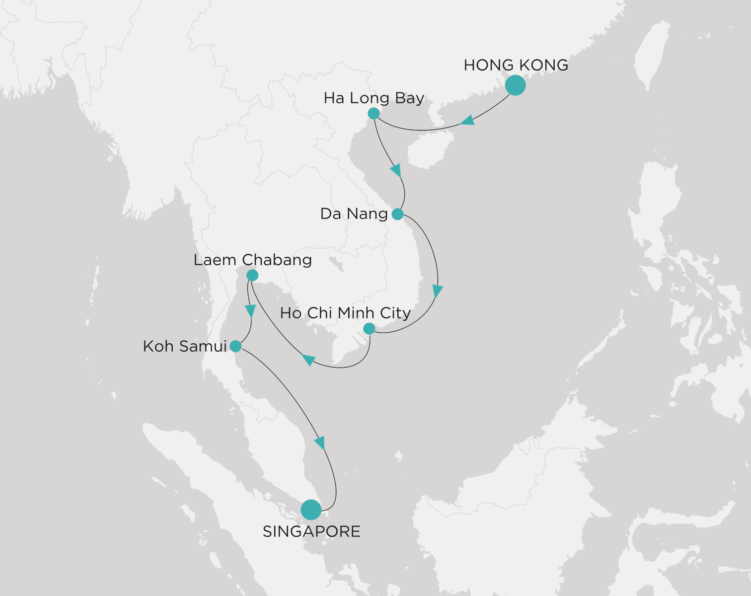 Carte de l’itinéraire Crystal Serenity, Hong Kong → Singapour