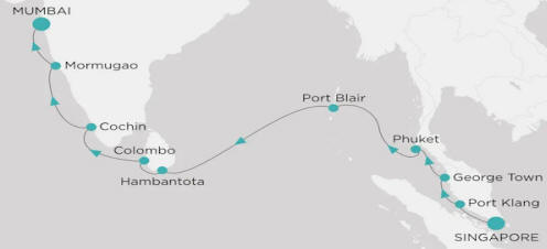 Carte de l’itinéraire Crystal Serenity, Singapour → Mumbai