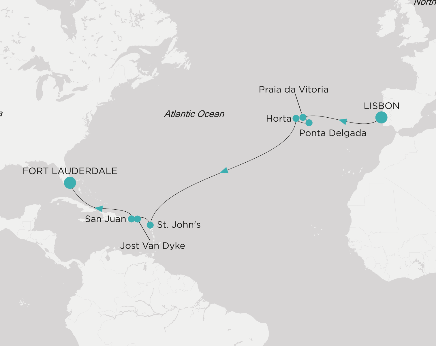 Carte de l’itinéraire Crystal Serenity, Lisbonne → Fort Lauderdale