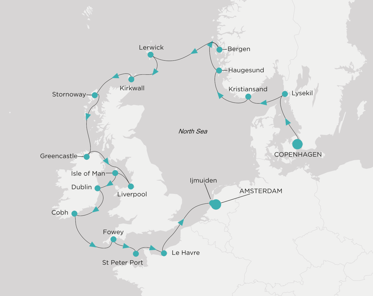 Carte de l’itinéraire Crystal Serenity, Copenhague → Ijmuiden (Amsterdam)