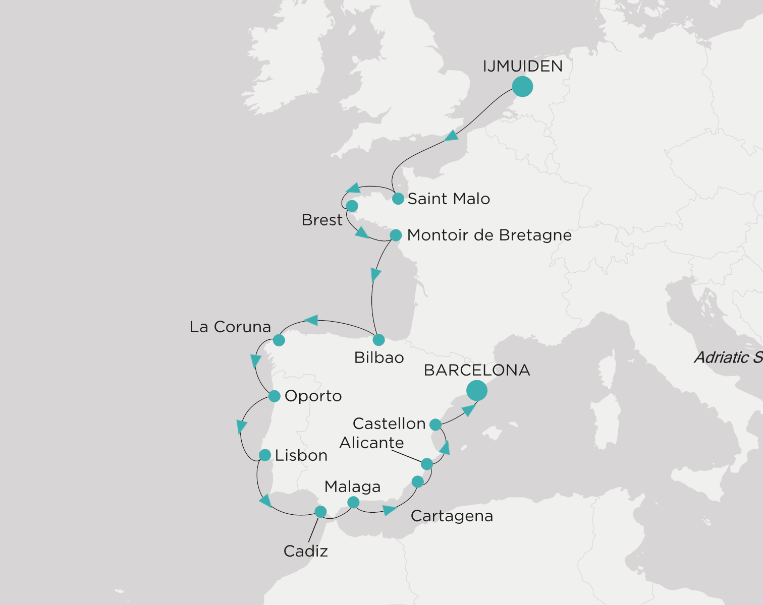 Carte de l’itinéraire Crystal Serenity, Ijmuiden (Amsterdam) → Barcelone