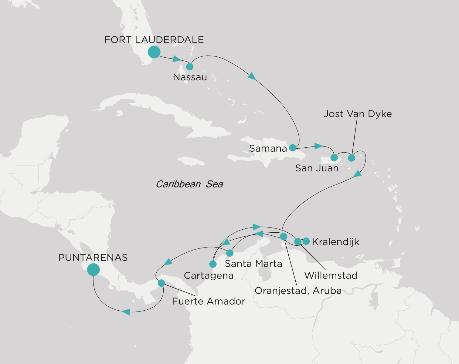 Carte de l’itinéraire Crystal Serenity, Fort Lauderdale → Puntarenas
