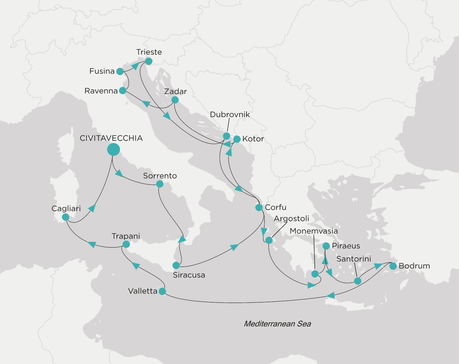 Carte de l’itinéraire Crystal Serenity, Civitavecchia (Rome) → Civitavecchia (Rome)