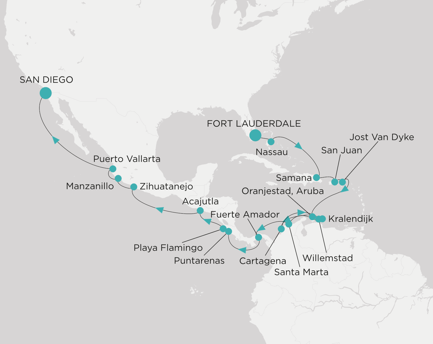 Carte de l’itinéraire Crystal Serenity, Fort Lauderdale → San Diego