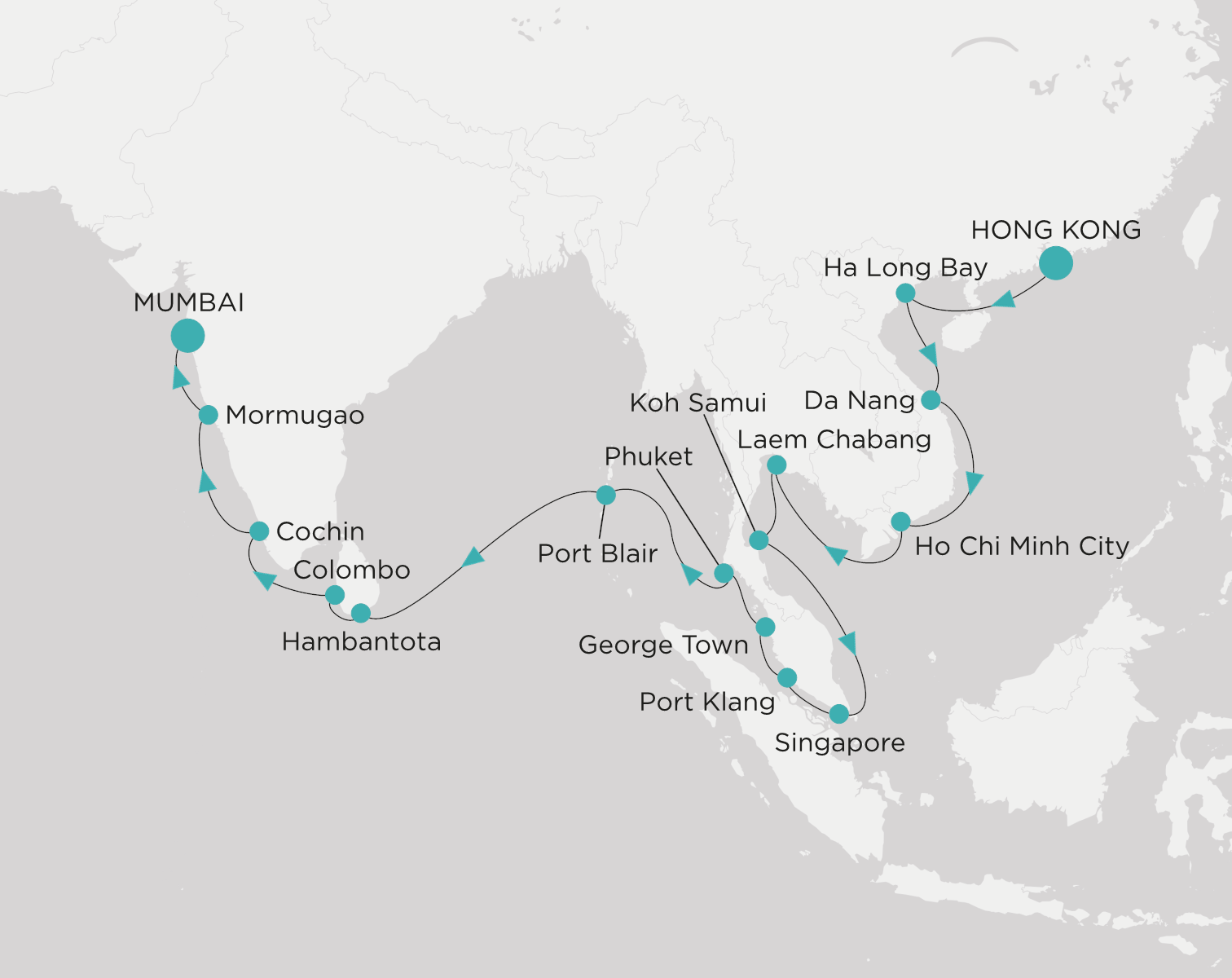 Carte de l’itinéraire Crystal Serenity, Hong Kong → Mumbai