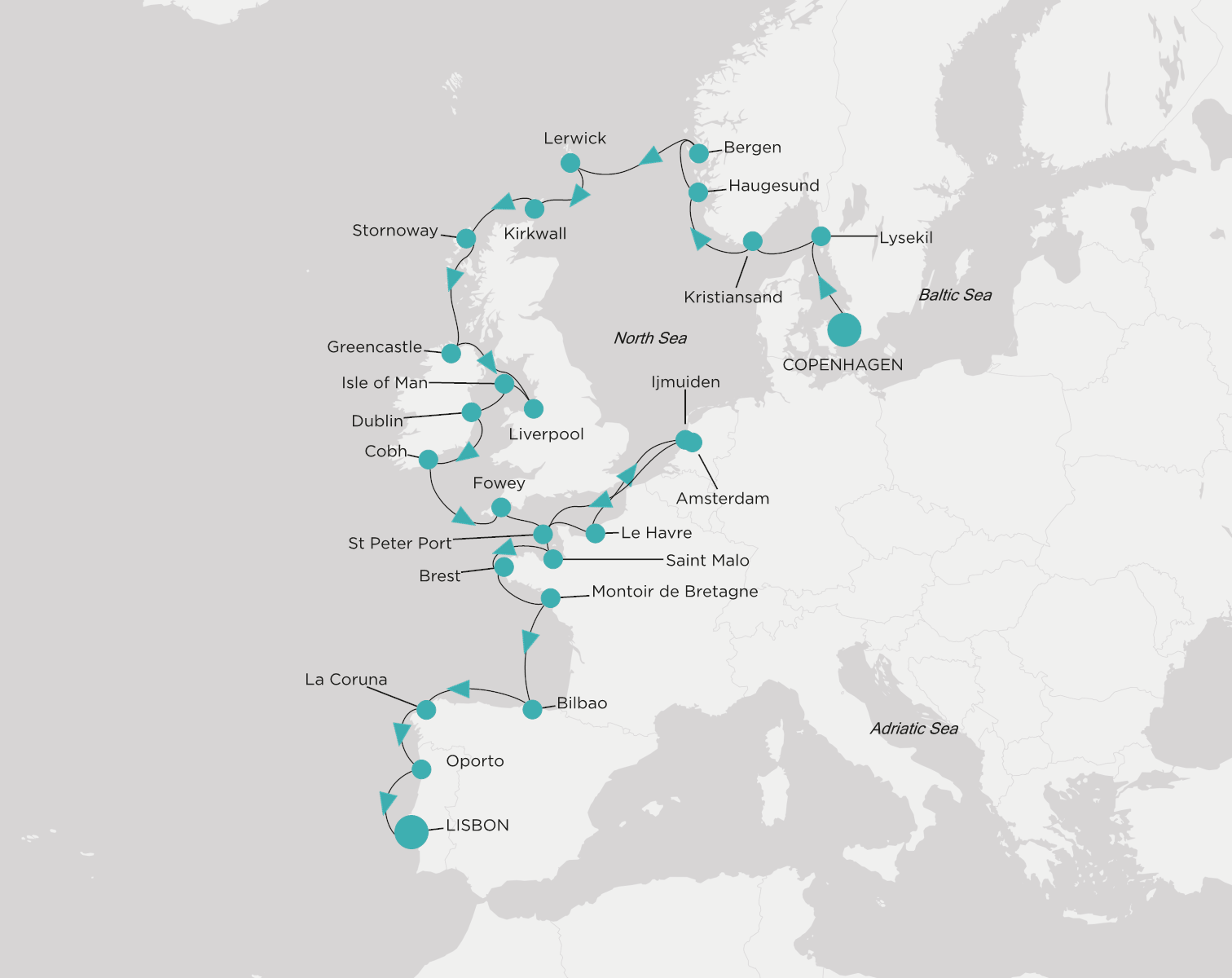 Carte de l’itinéraire Crystal Serenity, Copenhague → Lisbonne