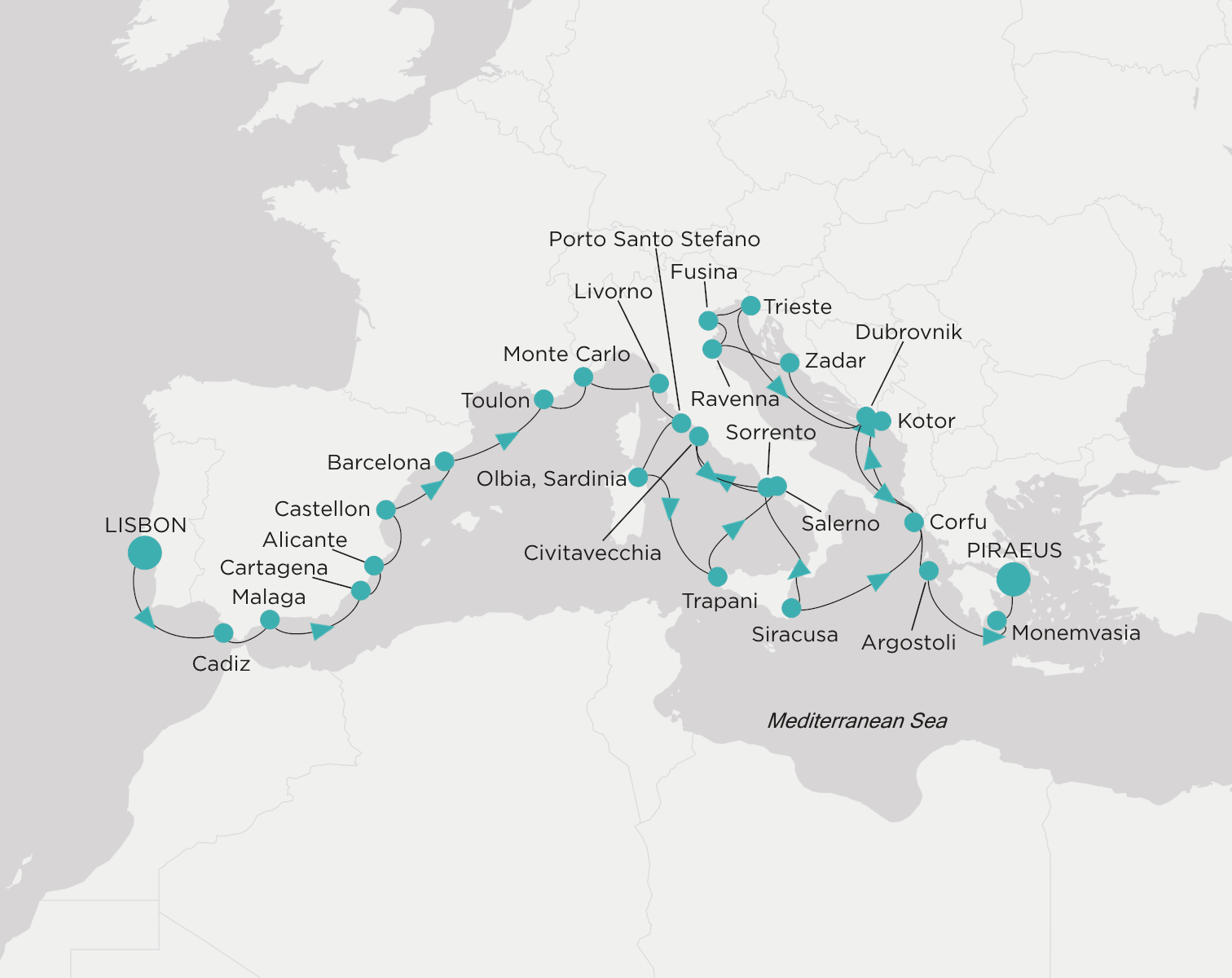 Carte de l’itinéraire Crystal Serenity, Lisbonne → Le Pirée (Athènes)