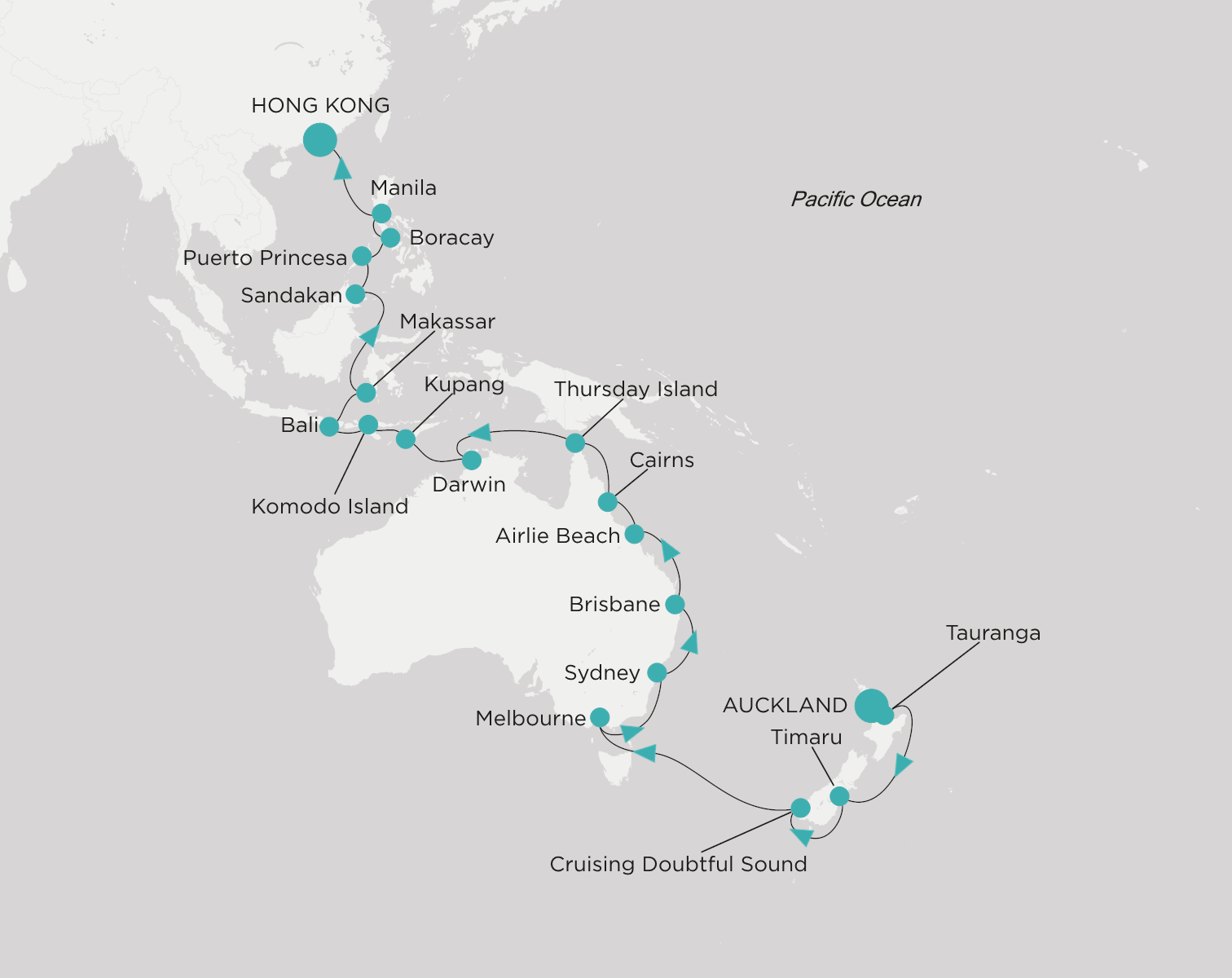 Carte de l’itinéraire Crystal Serenity, Auckland → Hong Kong