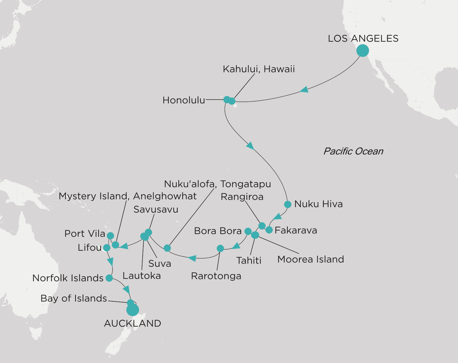 Carte de l’itinéraire Crystal Serenity, Los Angeles → Auckland