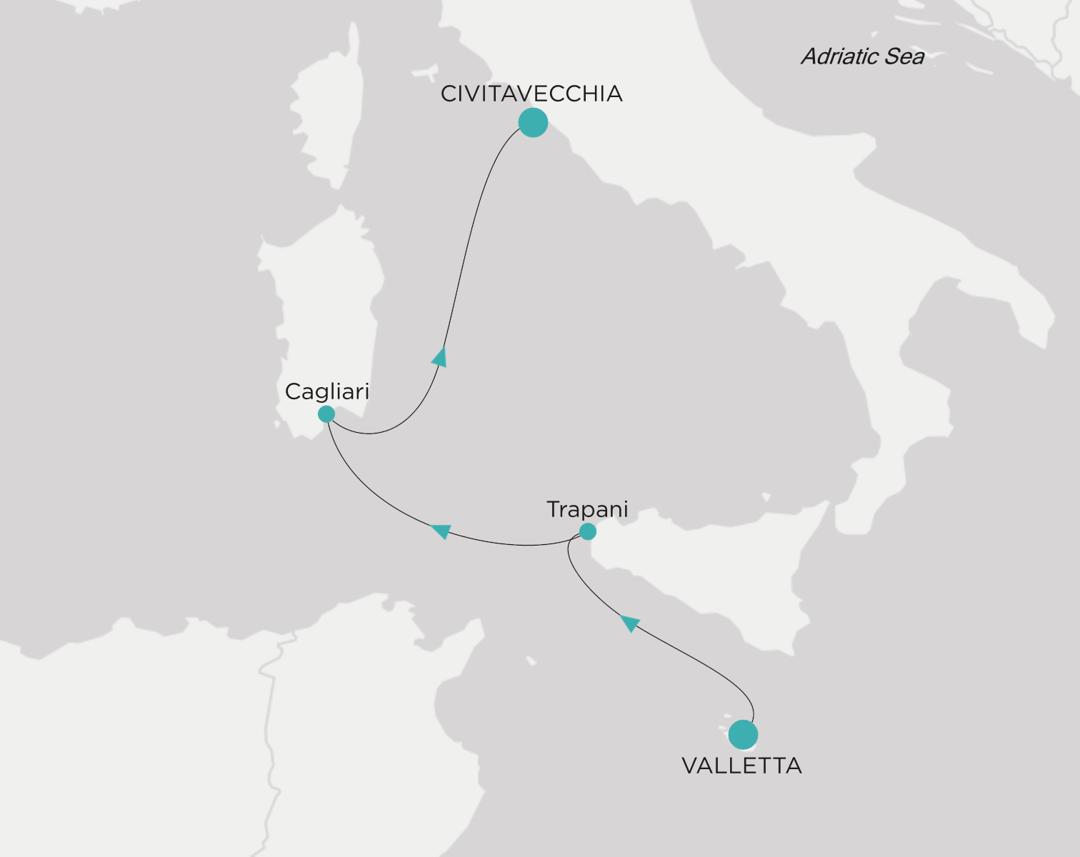 Carte de l’itinéraire Crystal Serenity, Valletta → Civitavecchia (Rome)