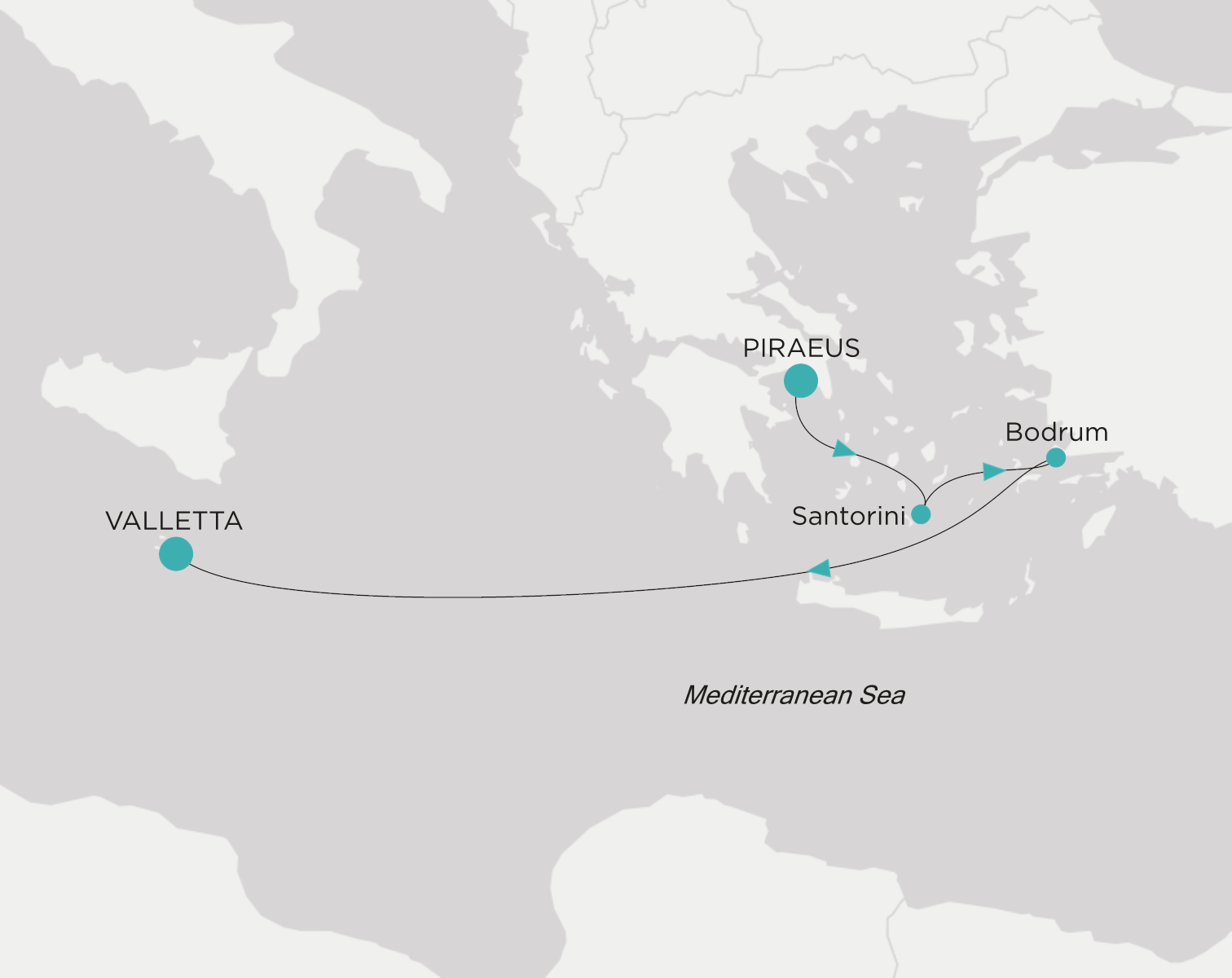 Carte de l’itinéraire Crystal Serenity, Le Pirée (Athènes) → Valletta