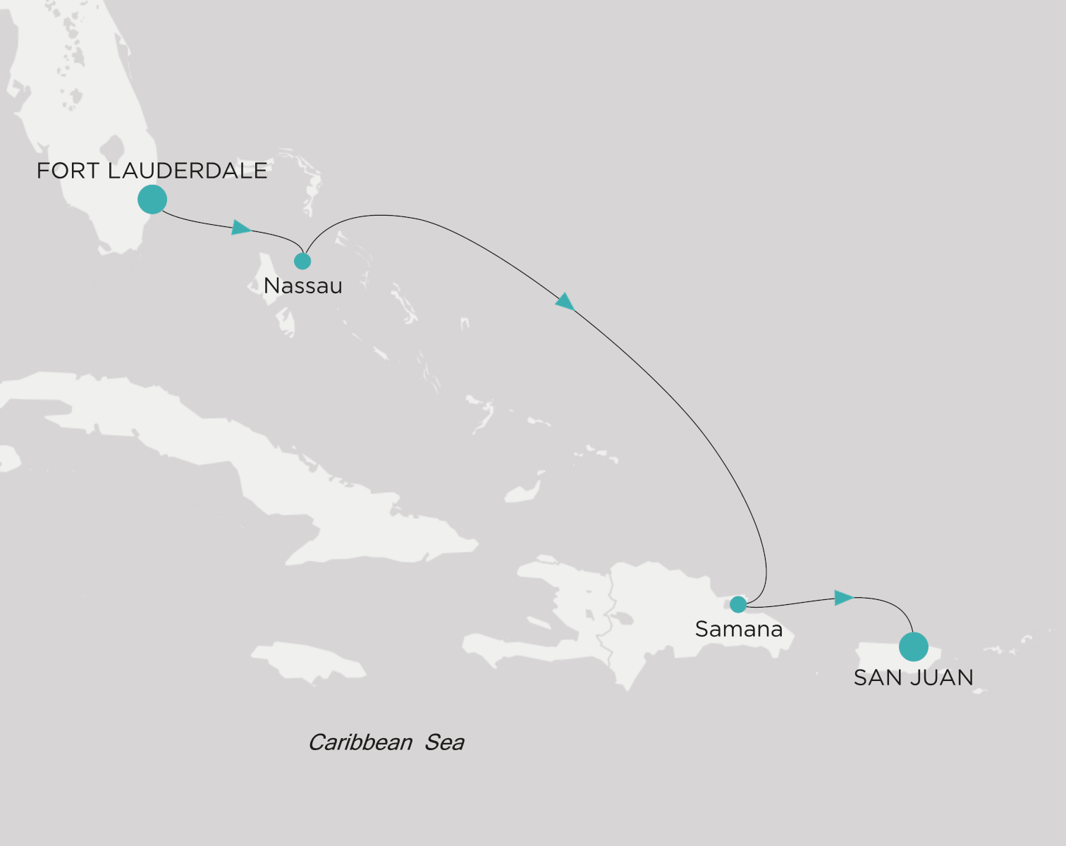 Carte de l’itinéraire Crystal Serenity, Fort Lauderdale → San Juan