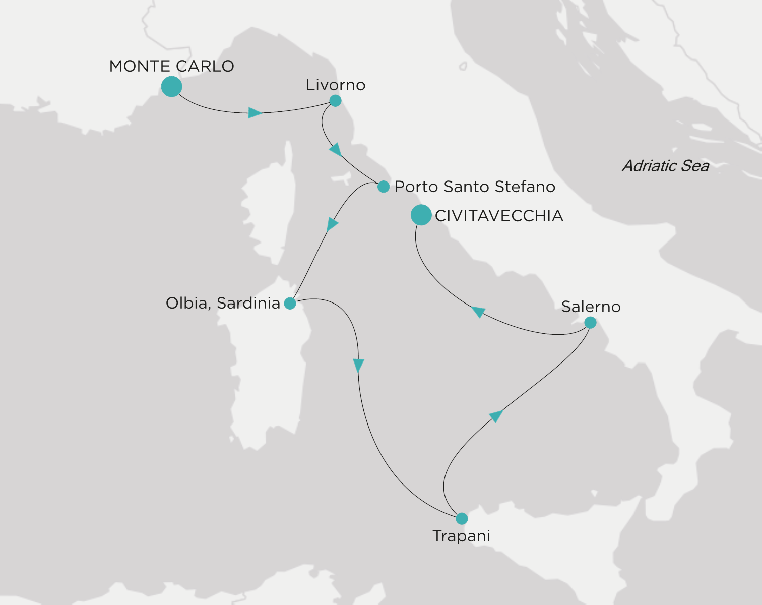 Carte de l’itinéraire Crystal Serenity, Monte-Carlo → Civitavecchia (Rome)