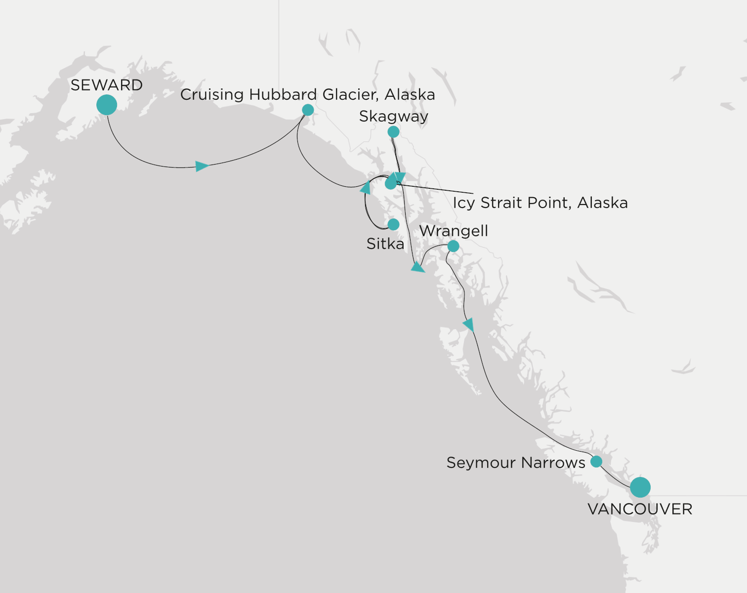 Carte de l’itinéraire Crystal Serenity, Seward (Anchorage, Alaska) → Vancouver