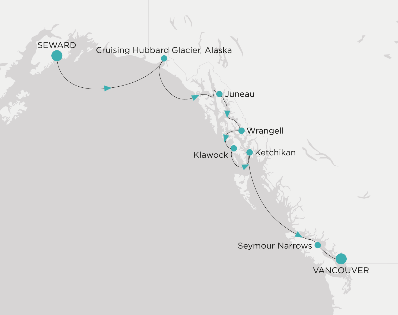 Carte de l’itinéraire Crystal Serenity, Seward (Anchorage, Alaska) → Vancouver