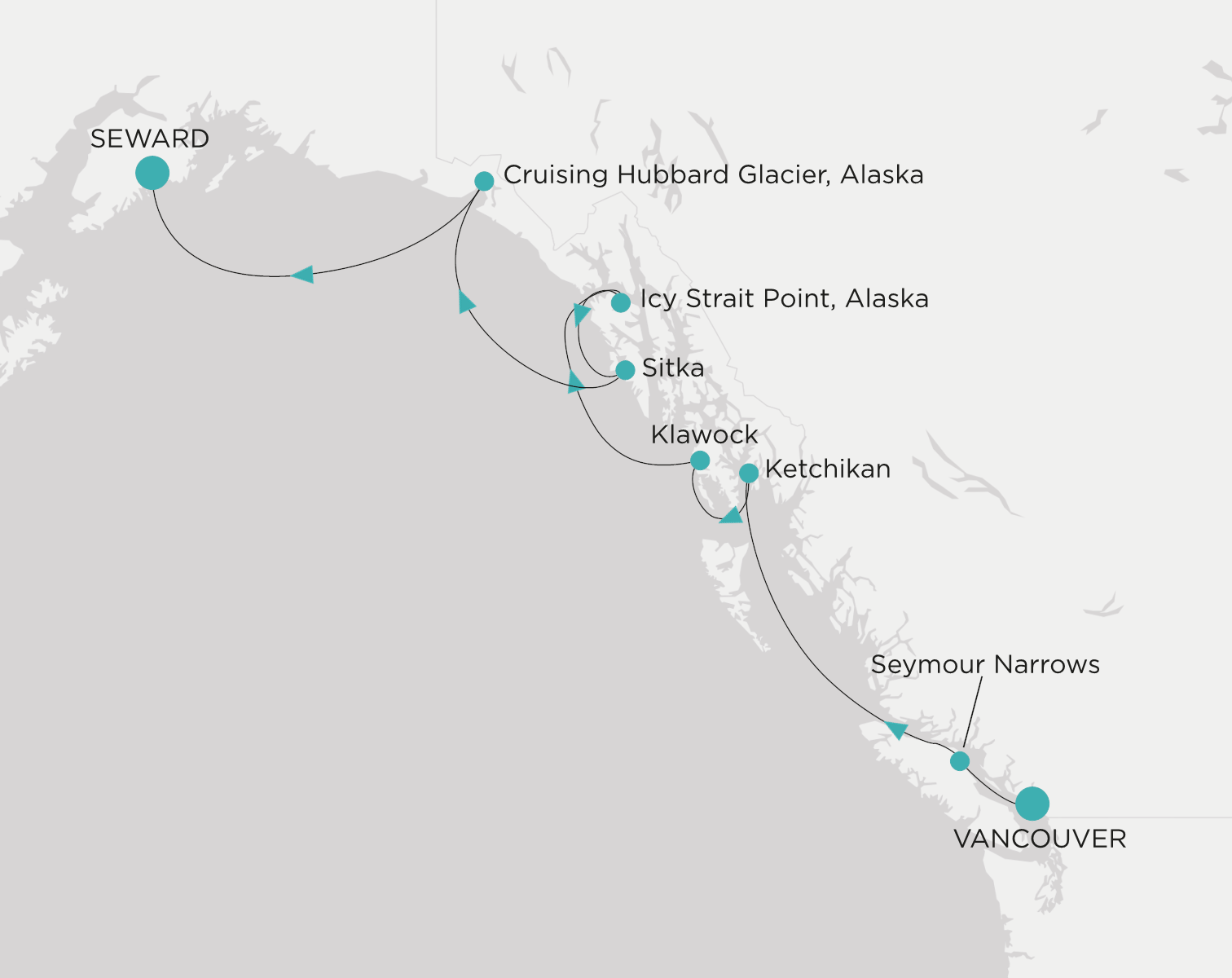 Carte de l’itinéraire Crystal Serenity, Vancouver → Seward (Anchorage, Alaska)