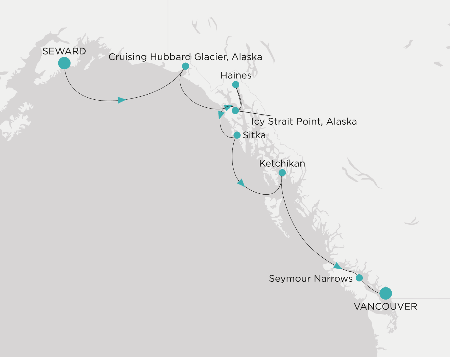 Carte de l’itinéraire Crystal Serenity, Seward (Anchorage, Alaska) → Vancouver
