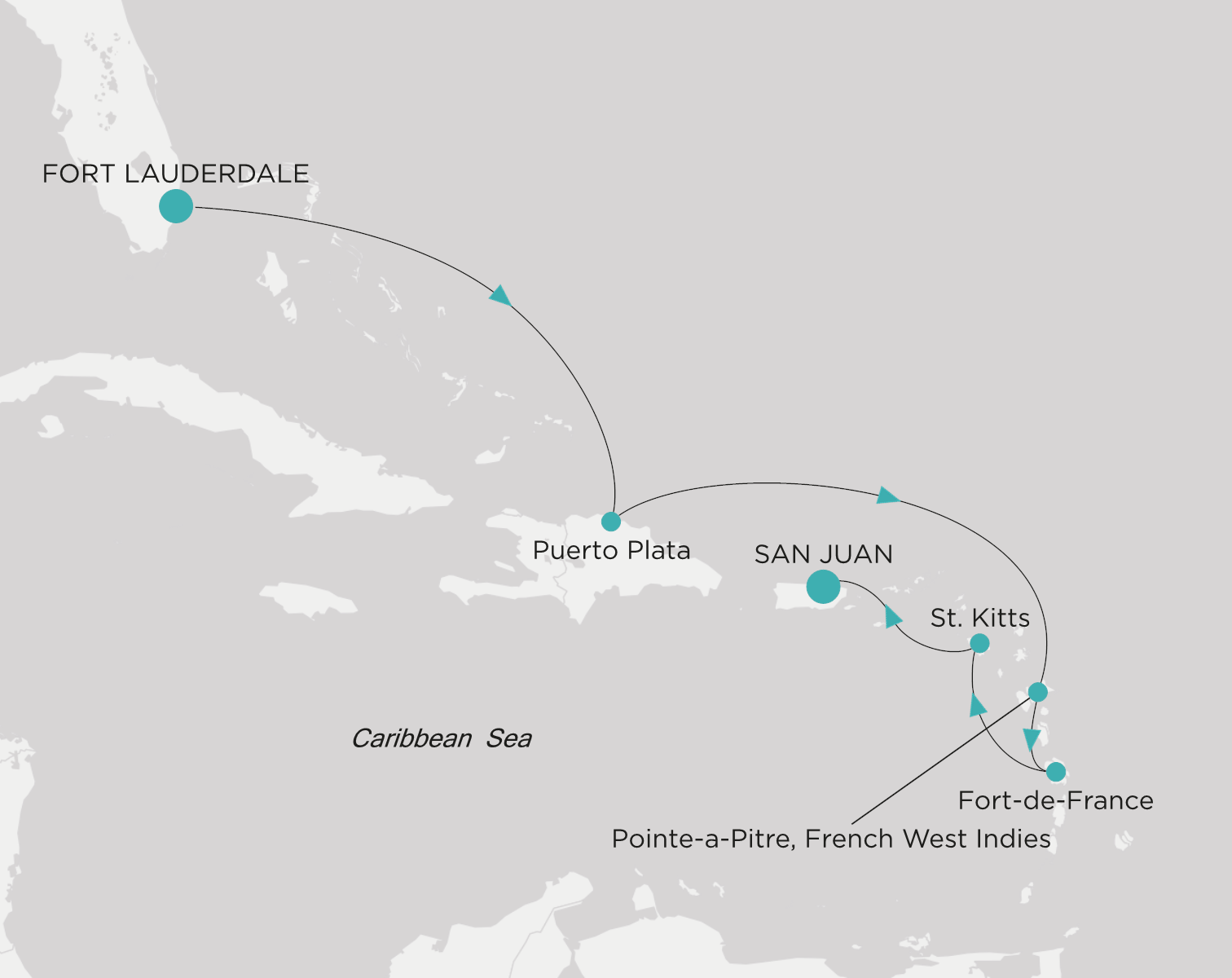 Carte de l’itinéraire Crystal Serenity, Fort Lauderdale → San Juan