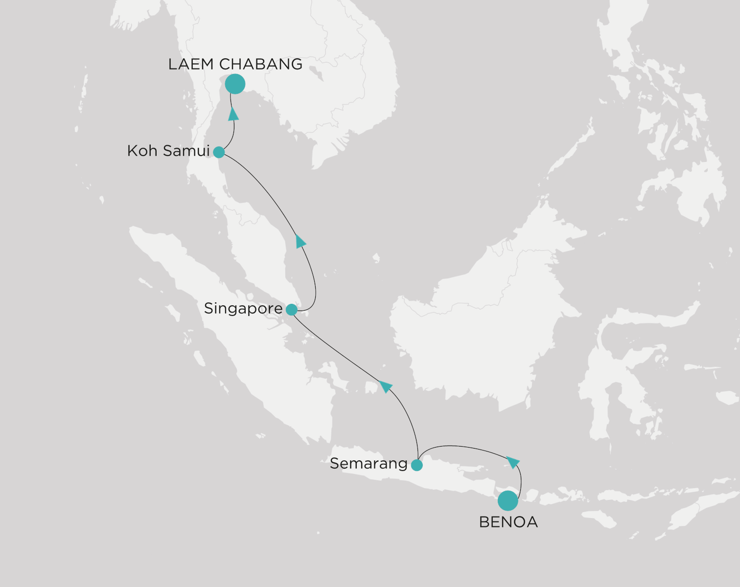Carte de l’itinéraire Crystal Serenity, Benoa (Bali) → Laem chabang (Bangkok)