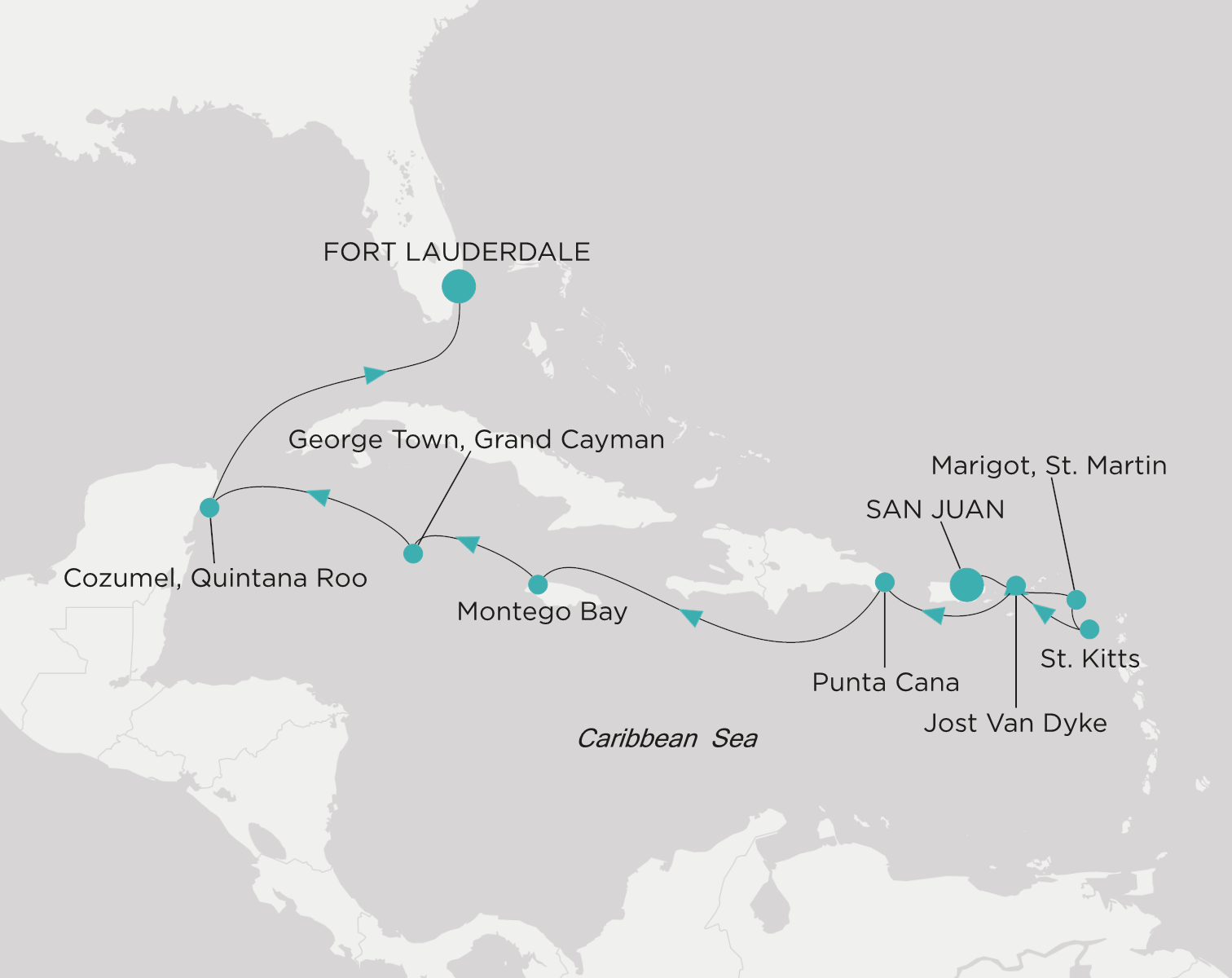 Carte de l’itinéraire Crystal Serenity, San Juan → Fort Lauderdale